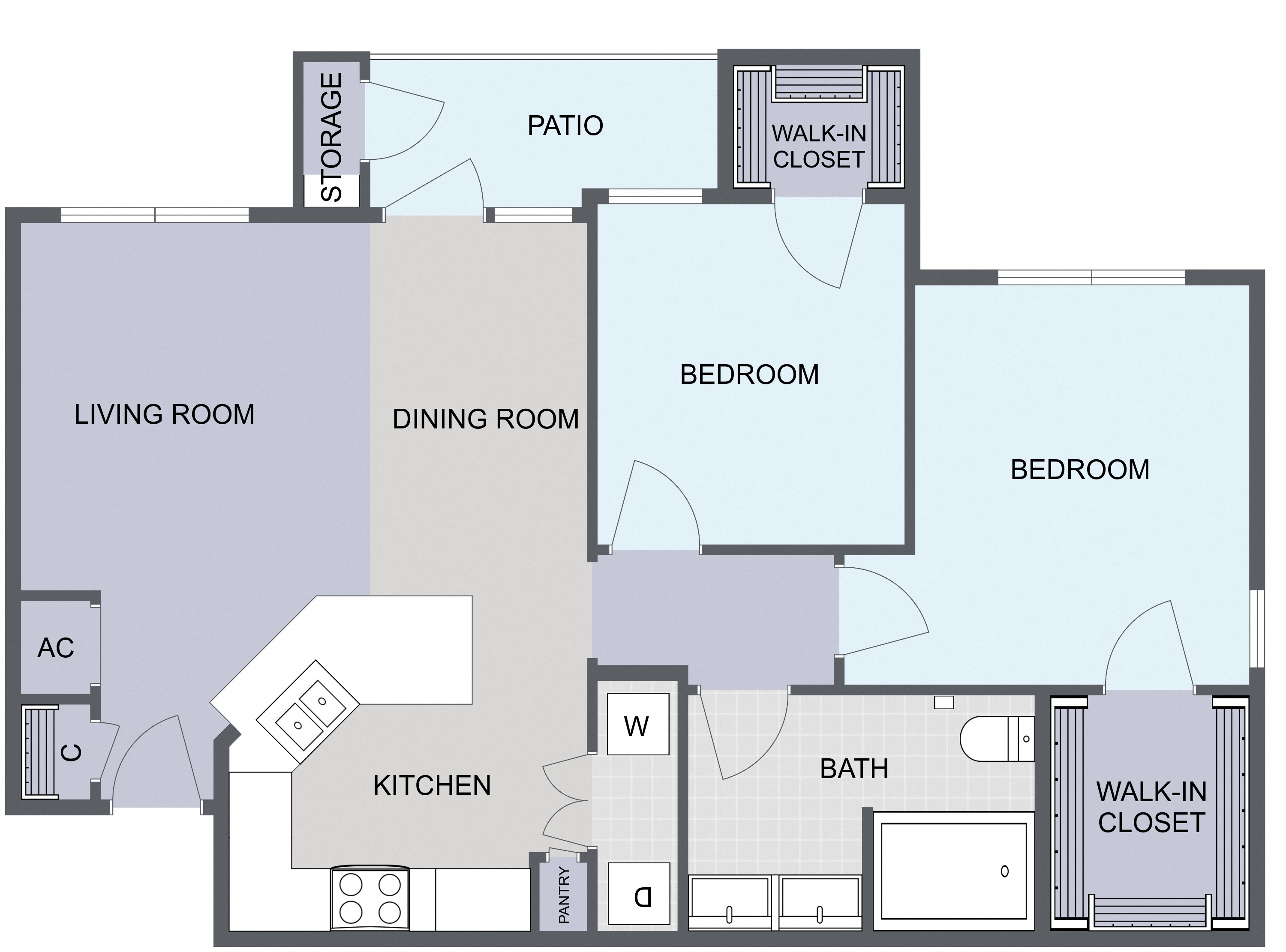 Floor plan for 1 bed, 1 bath, 897 sqft